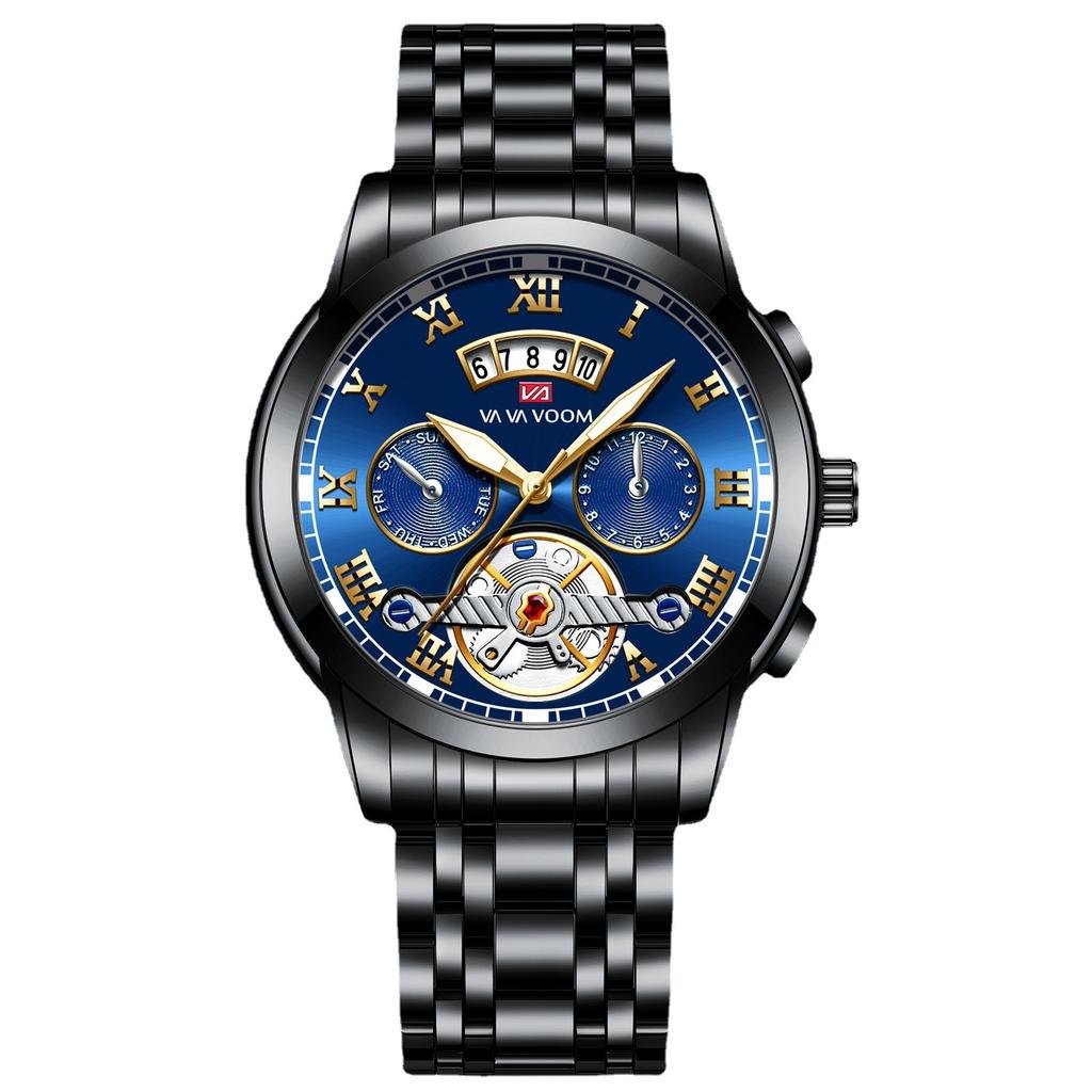 Men's Stainless Steel Tourbillon Watch Men's Student Quartz Watch Business Calendar Waterproof Steel Strap Watch Large Dial