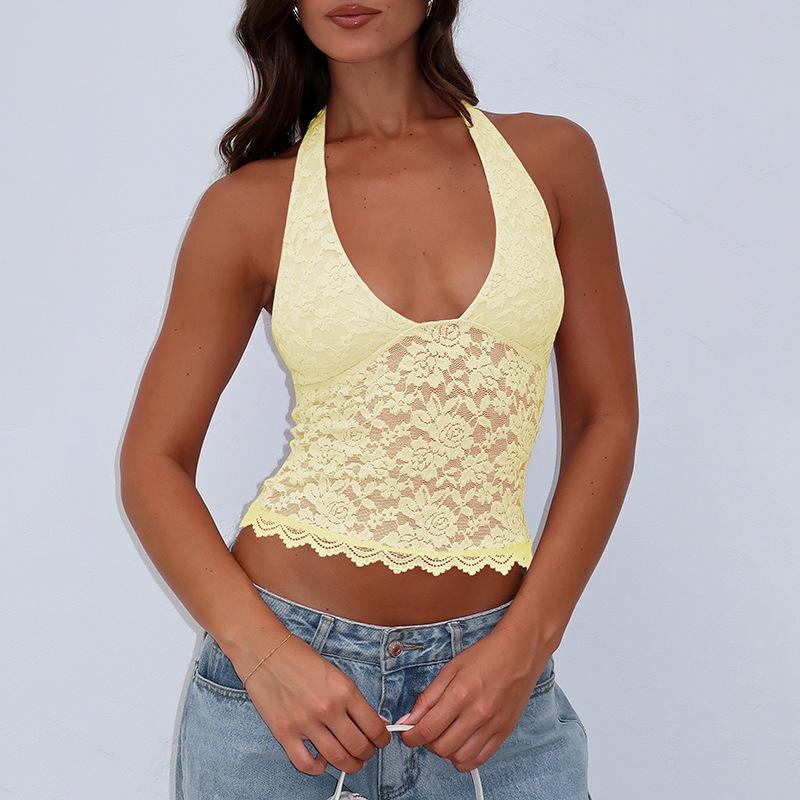 

Весна/Лето 2025 Новинка Женский Европейско-Американский Кружевной Ажурный Топ-Халтер Large жёлтый