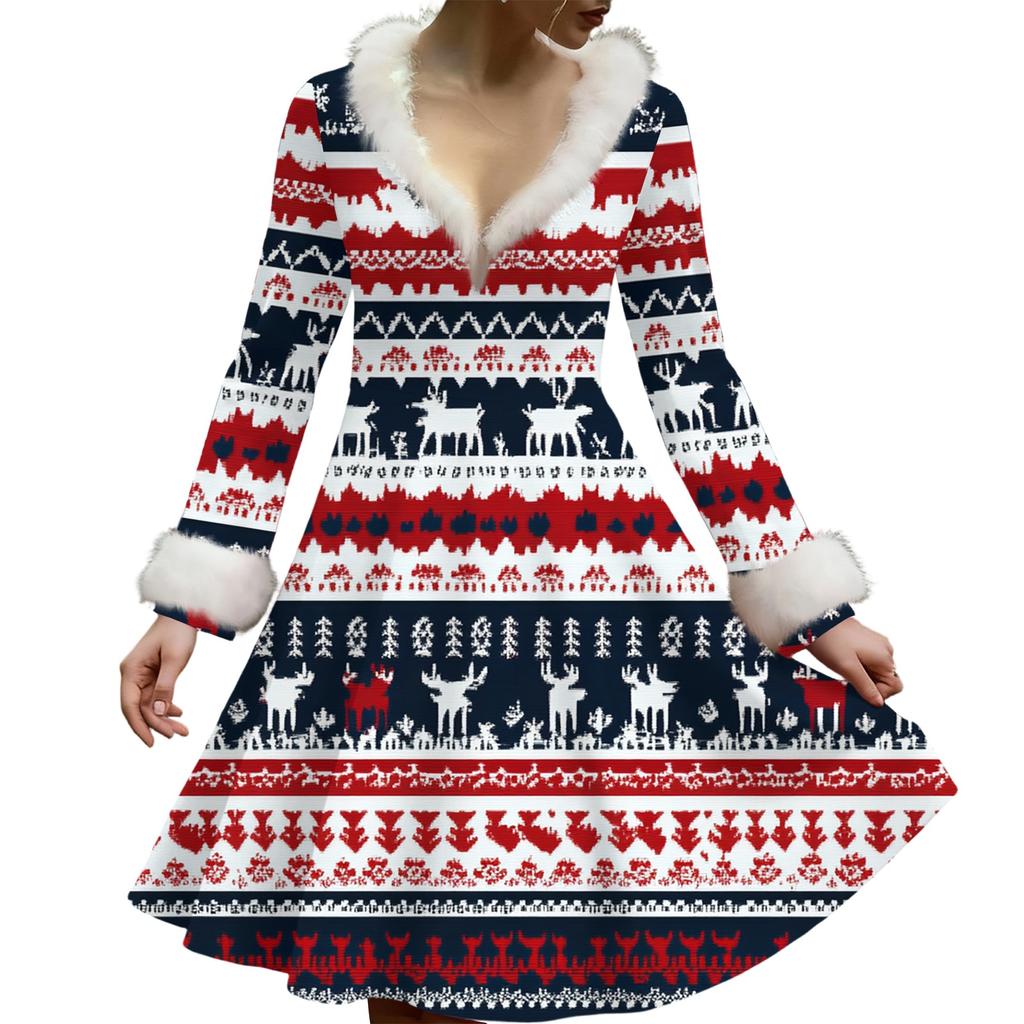 Women's Casual V-neck Christmas Print Plush Long-Sleeve Casual Dress