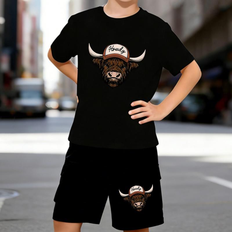 

Boys 2 Piece Highland Cow Printed outfit, Short Sleeve T-Shirt and Shorts Set for Kids Age 5-14,White, Black Sporty Casual Summer Clothes 5-6 Years