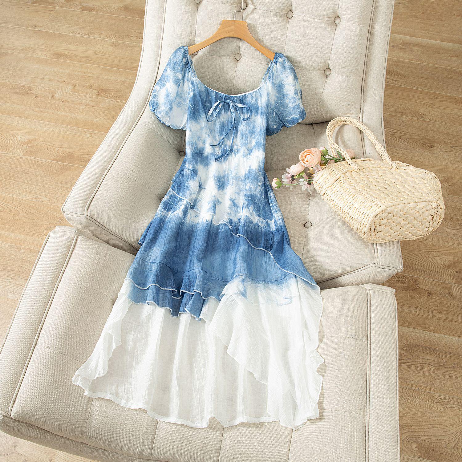 French Style Lotus Leaf Waist-Cinching Tie-Dye Dress - Short-Sleeved, Mid-Length Summer Skirt One Size