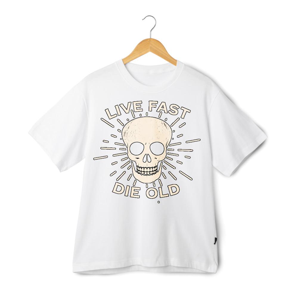 Live Fast Die Old Skull Print T-Shirt, Edgy Humor Casual Tee S разноцветный