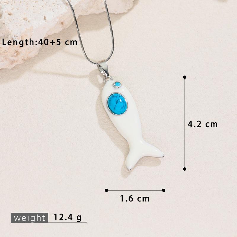 Enamel and Natural Stone Fish Pendant Necklace with Clavicle Chain
