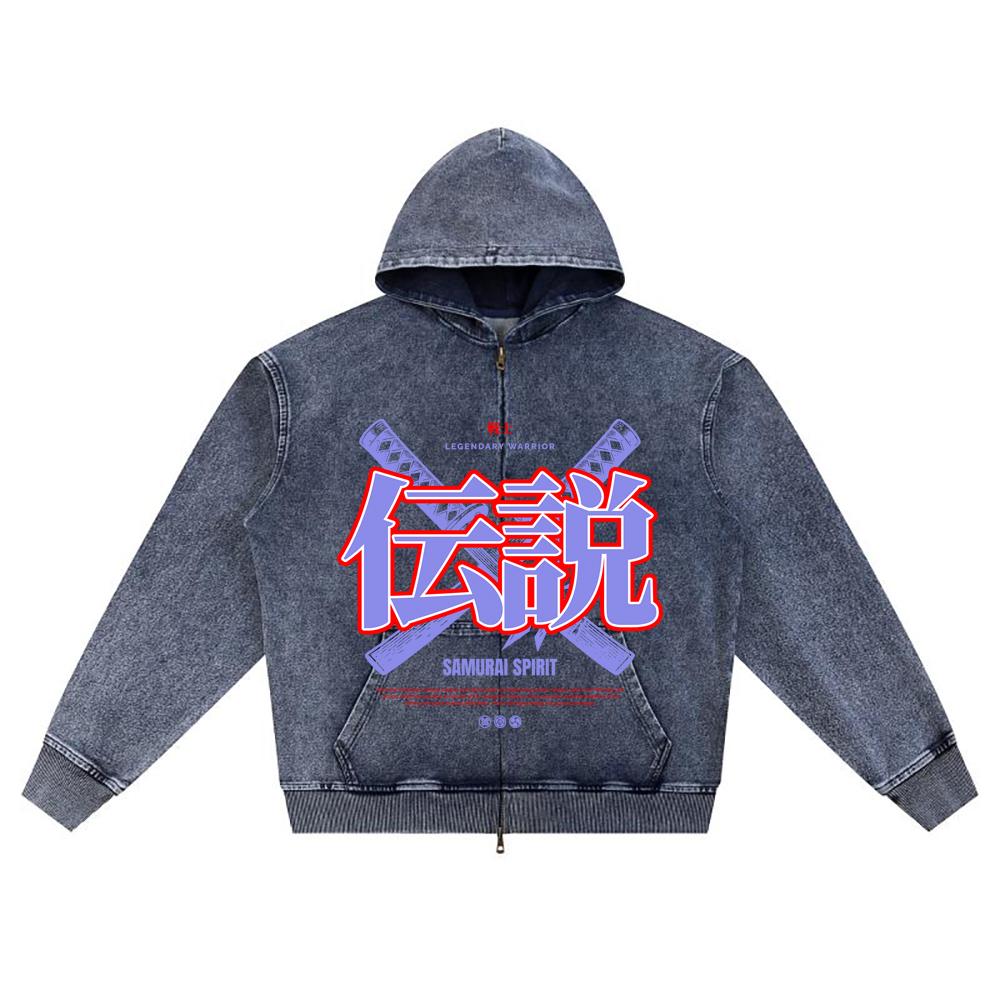 DTG print Knitted Denim Zip-Up Hoodie Japan Samurai Brother Print Zipper Hoodies