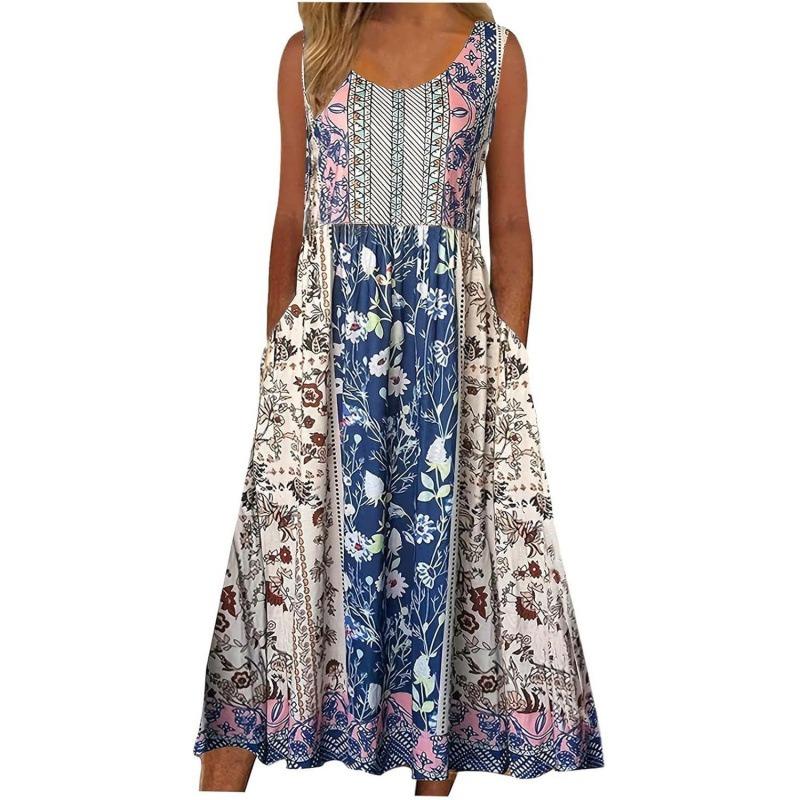 Sleeveless Summer Loose Printed Dress New Women's Bohemian Floral Casual A-line Dresses Large Size Beach Sundress with Pockets Flowing and Loose