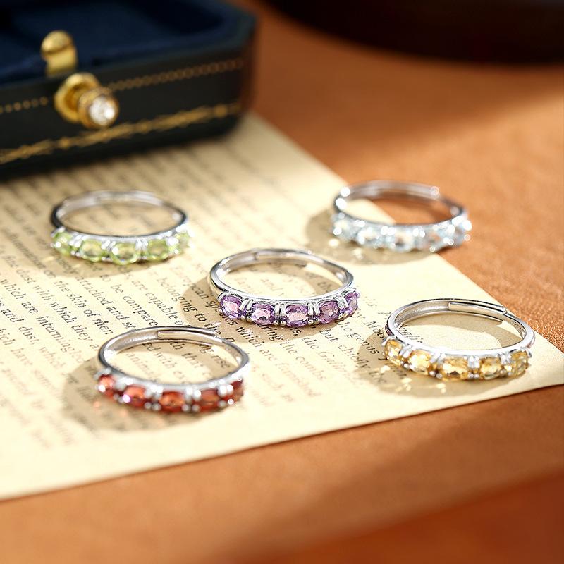 Natural Garnet Row Ring S925 Sterling Silver Ring Niche High-end Crystal Stone Open Ring Fashion Gift