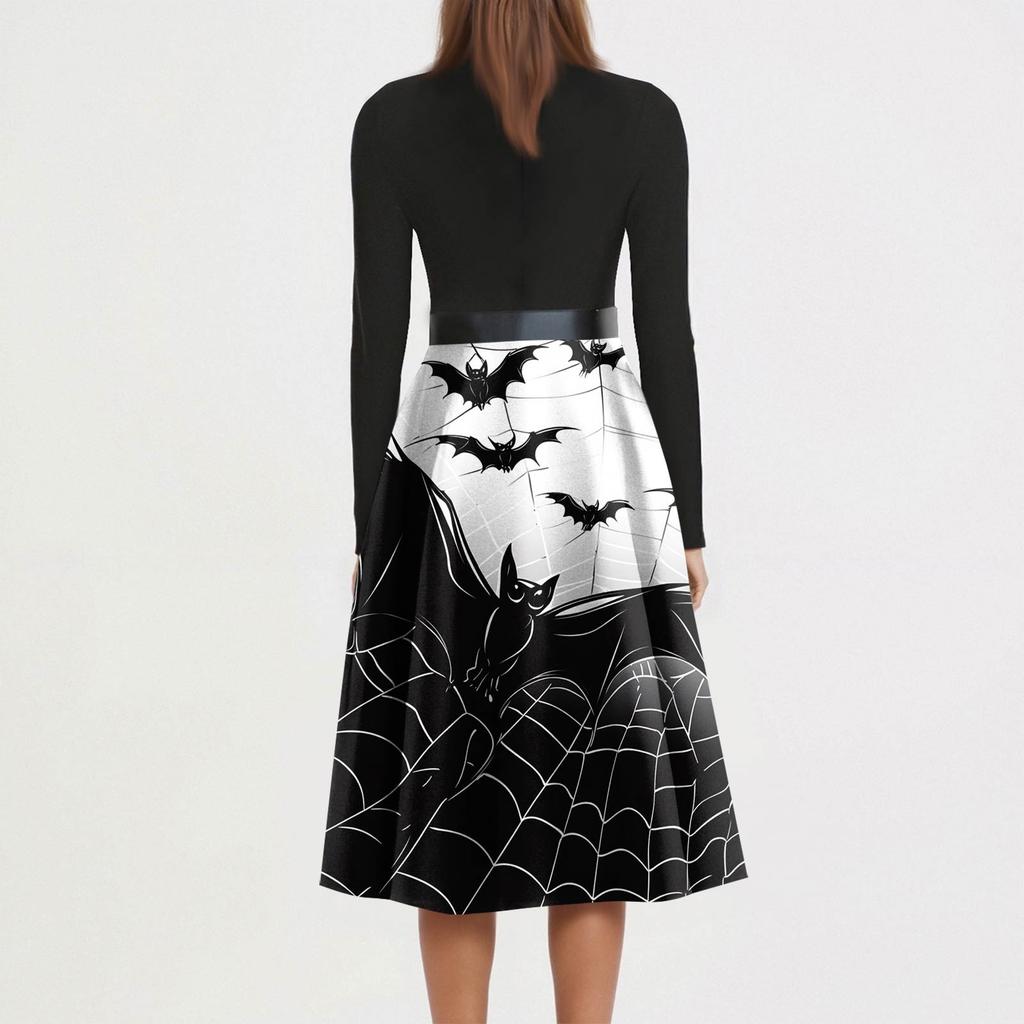 Women's Fashion O-Neck Casual Slim Fit Halloween Printed Long Sleeve Dress