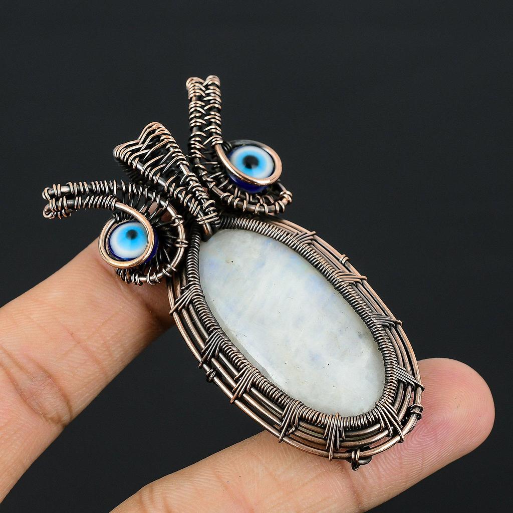 Rainbow Moonstone & Blue Evil Eye Pendant Gemstone Jewelry, 999 Copper Wire Wrapped Pendant, Handmade Beautiful Jewelry Pendant