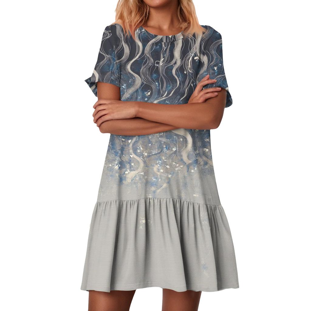 Women's Fashion Casual Round Neck Short Sleeve Ruffled Vintage Printed Dresses