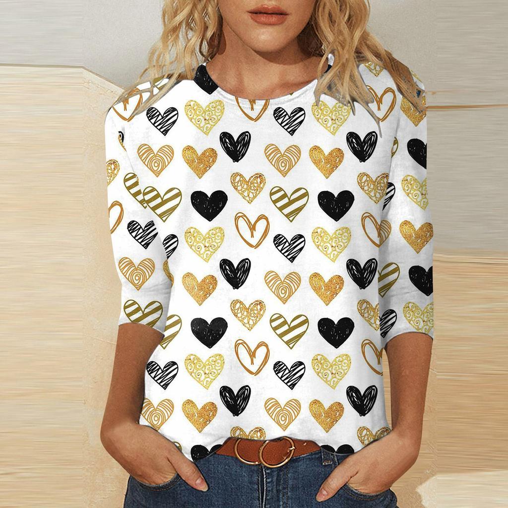 Women's Fashion Casual Three Quarter Sleeve Valentine's Day Printed Round Neck Pullover Top Blouse