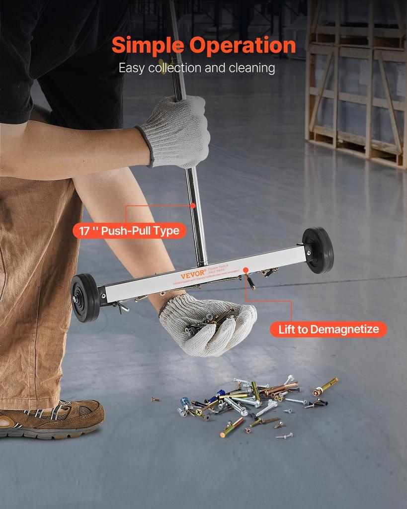 Magnetic Sweeper with Wheels, 43 cm, 4.5 kg Load Capacity, Lightweight Magnetic Pickup Sweeper with Adjustable Handle, Pick Up Nails and Screws, Easy