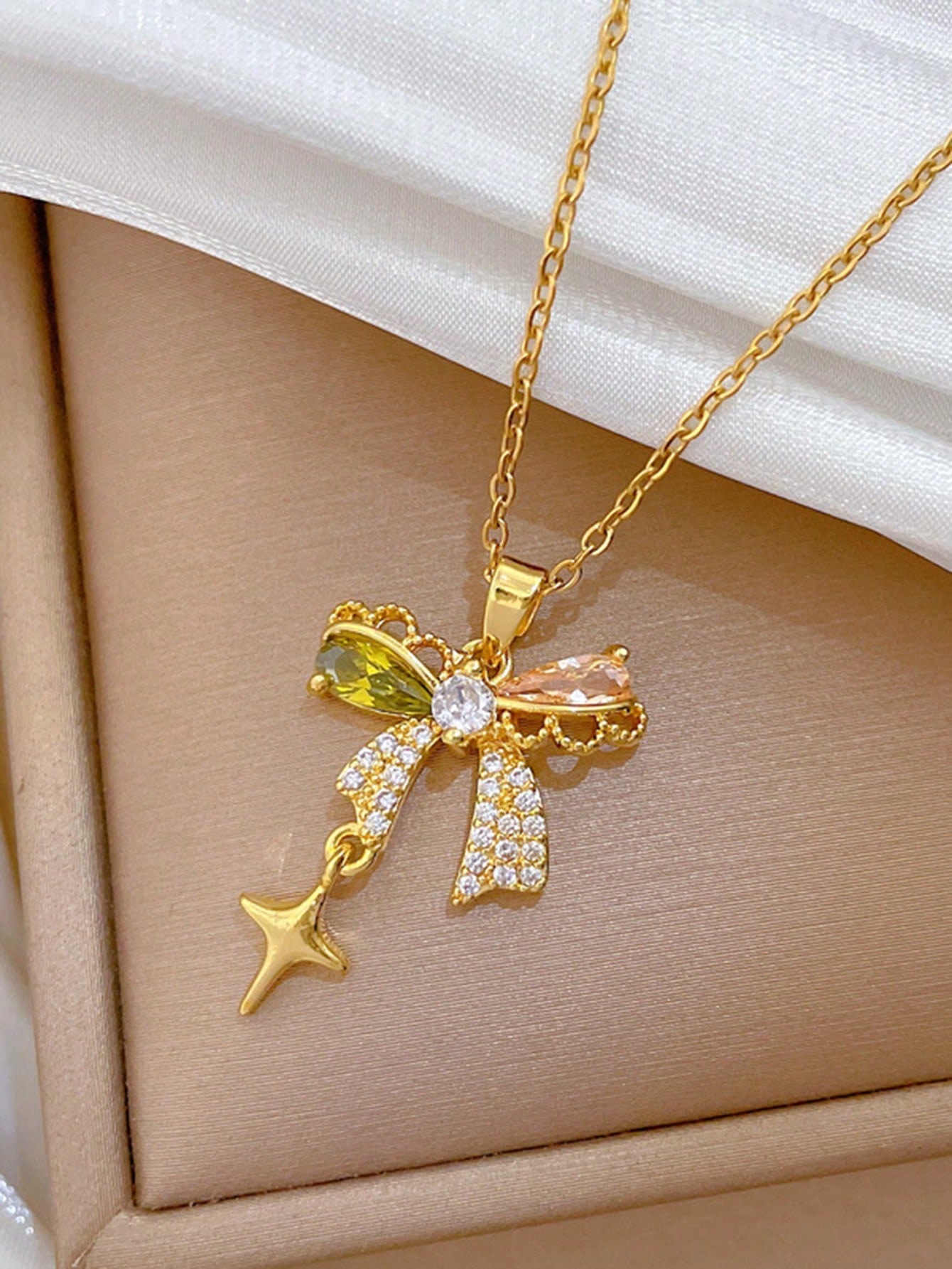 1Pc Stainless Steel Romantic Women s Pendant Necklace with Butterfly Tassel Star Design and Zircon разноцветные