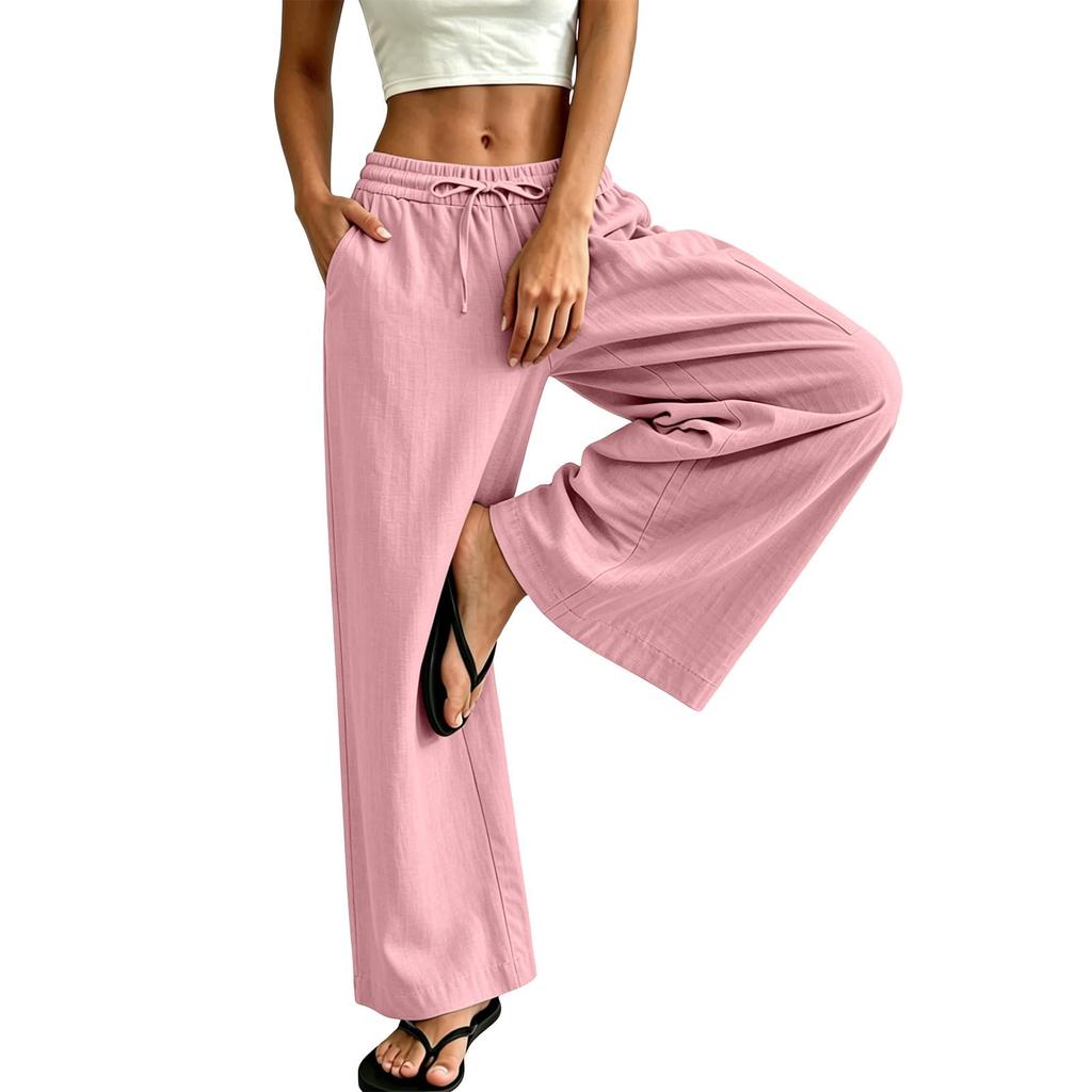 Women's Cotton Linen Straight Leg Pants - Elastic Waist with Drawstring, Casual Color Trousers with Pockets
