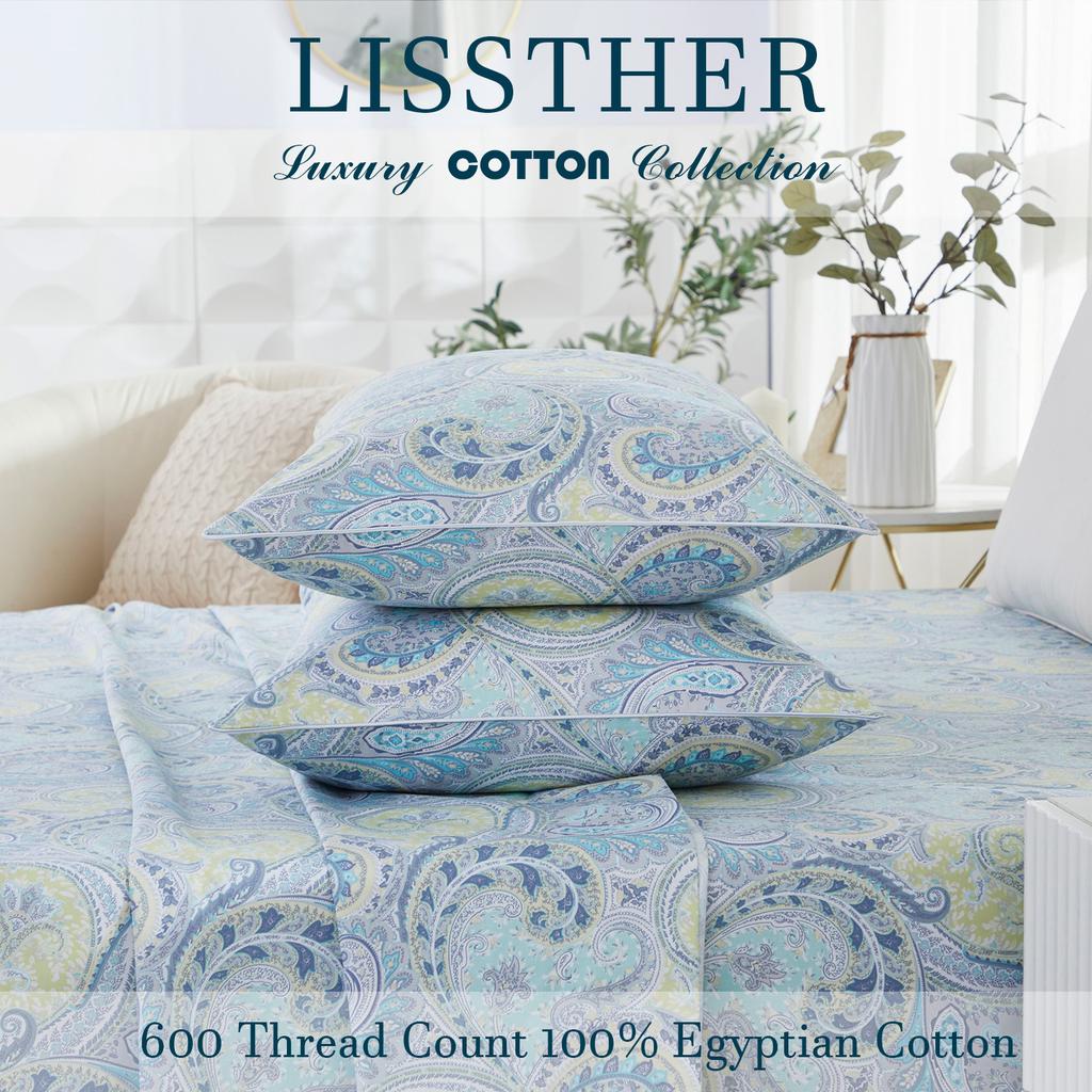 3pcs 600TC 100% Egyptian Cotton Duvet Cover Set, Vintage Blue Damask Paisley, Soft Skin-Friendly (No Inserts)