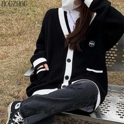 סוודר קרדיגן סרוג של HOUZHOU נשים בסגנון קוריאני טלאים שיק שחור סריגים עם חזה יחיד