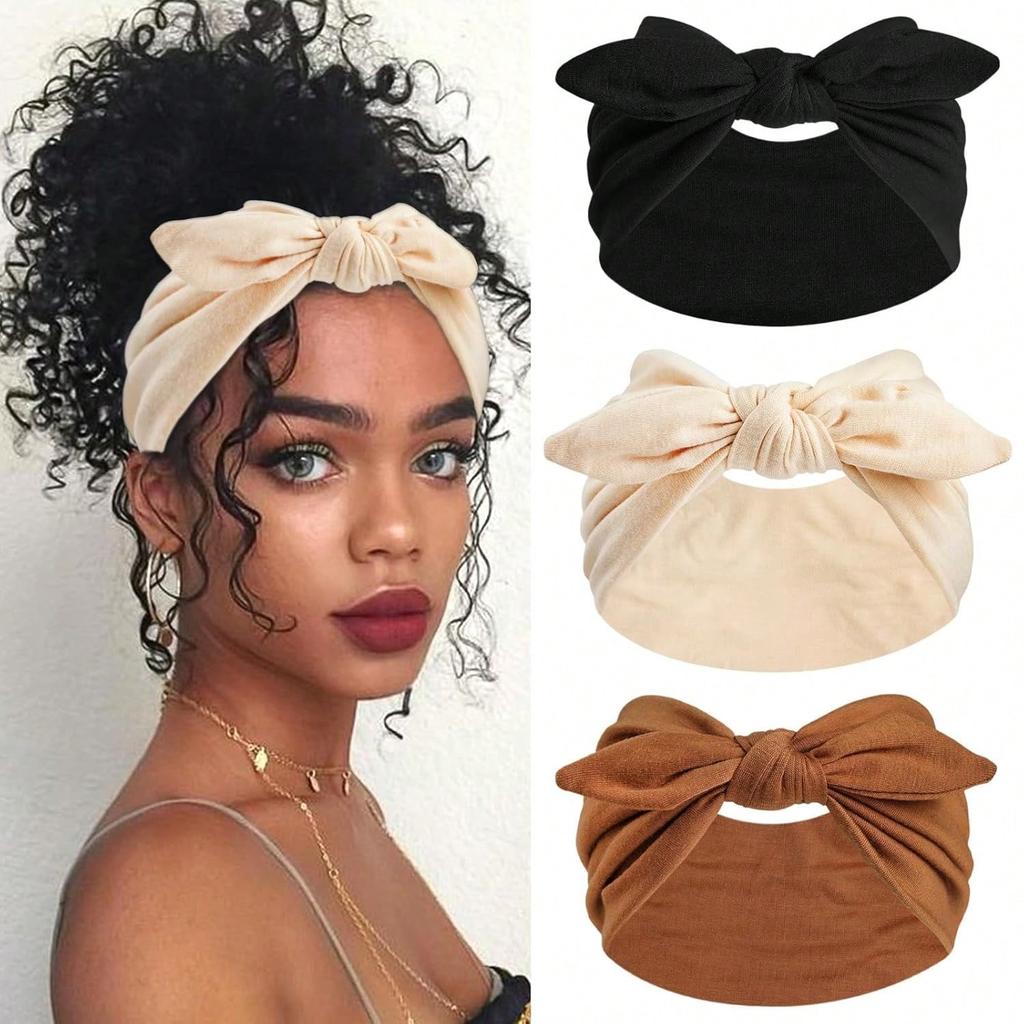 Women Bowknot Rabbit Ear Headband, Boho Style Extra Wide Cute Rabbit Ear Knotted Headband, Paisley Pattern Elastic Solid Bow Hair Accessories