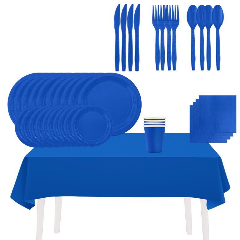 

Темно-синій набір для прикраси вечірки: Товсті одноразові тарілки, чашки, серветки та скатертина