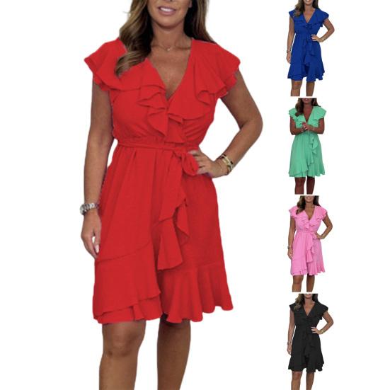 Women's Summer V-Neck Mini Dress Ruffle Cap Sleeve Short Wrap Dress Casual Beach Vacation