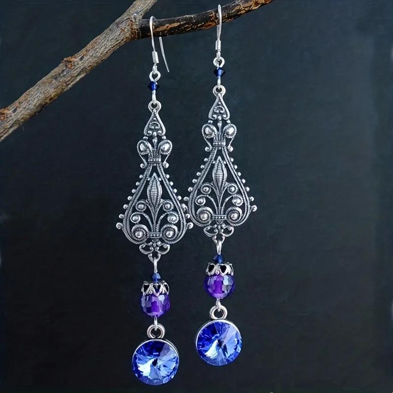 Bohemian Ethnic Indian Earrings Jewelry Women Alloy Hollow Carved Gypsy Rhinestones Boho Vintage Long Earrings