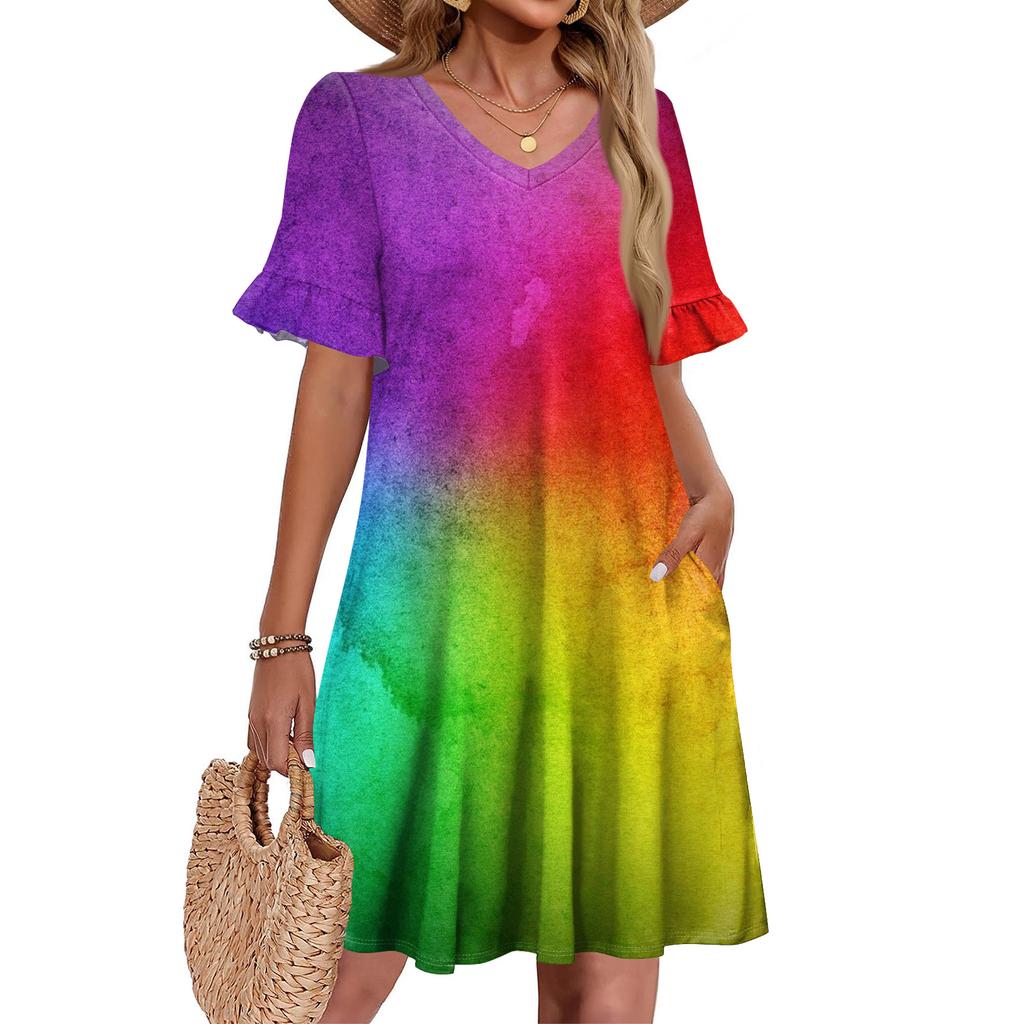 Damen A-Linie Sommerkleid Kurzarm V-Ausschnitt Bedrucktes Kleid Mit Taschen