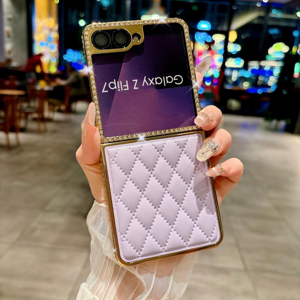 Lambskin Quilted Leather Case For Samsung Galaxy Z Flip 7 6 5 4 3 Cover Bling Diamond Shockproof For Samsung Galaxy 7 6 5 Z Flip