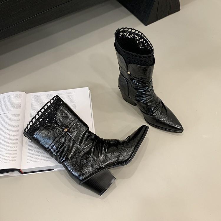 Autumn and winter 2025 new pointed thick heel medium boots lace edge sleeve high heel women's boots