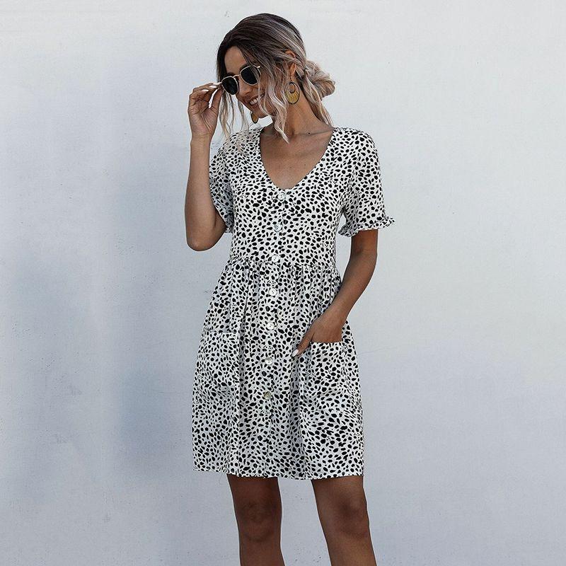 

Stylish Women V-neck Holiday Mini Dress Featuring Elegant Polka Dot Design And Pockets S білий