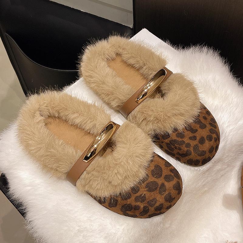 

Сяосянфэн пушистые туфли женские на плоской подошве хлопковые тапочки осень-зима уличные дизайнерские мягкие туфли Мэри Джейн из бархата 40 цветной печати леопарда