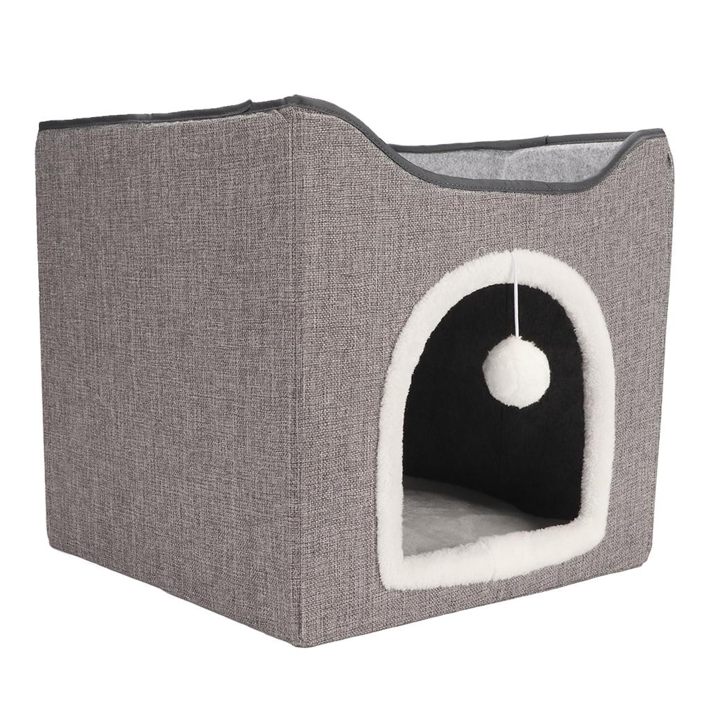 Cat House Foldable Enclosed Warm Breathable Cat Cave Bed with Scratcher Plush Ball for Indoor Gray