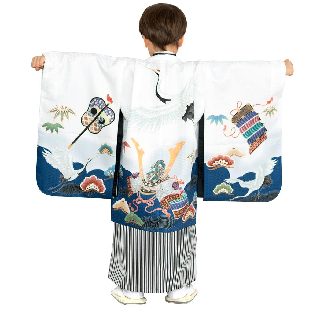 Shichigosan Boy 5 Years Old Kimono and Hakama Set Striped Hakama String Length Crane Kabuto White Navy Striped [KYOETSU] [Kyoetsu] (Hakama 60cm, -