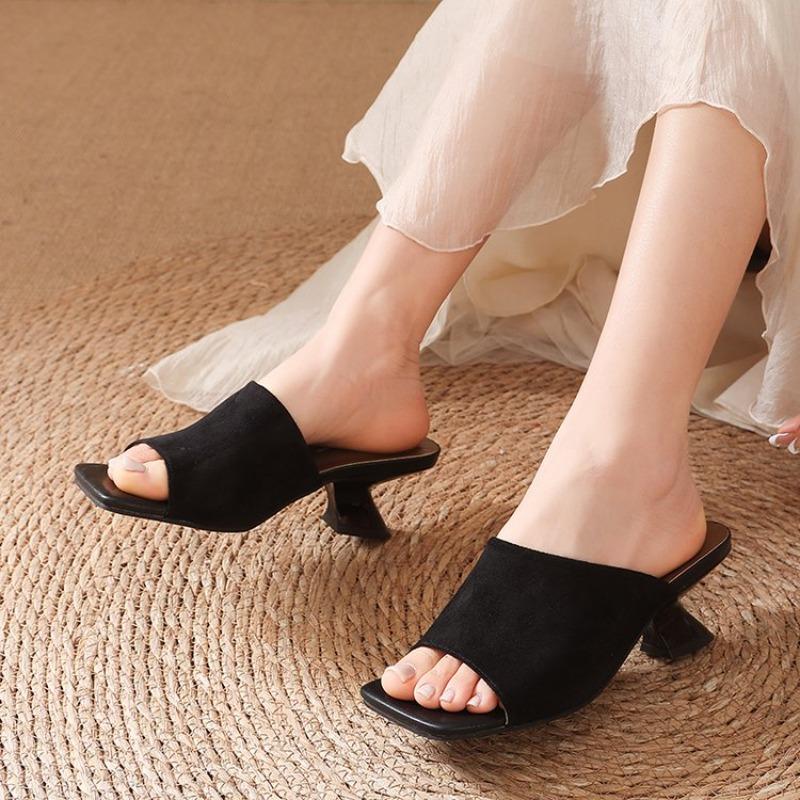 Summer Women Slippers Cow Suede Leather Shoes for Women Square Toe Strange Heel Shoes Black Sandals Concise Modern Slippers