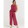Summer Two Piece Set Women Casual Sleeveless Pleated Pants Sets Wide-leg Loose Clothes 2 Piece Sets O Neck Trouser Suits