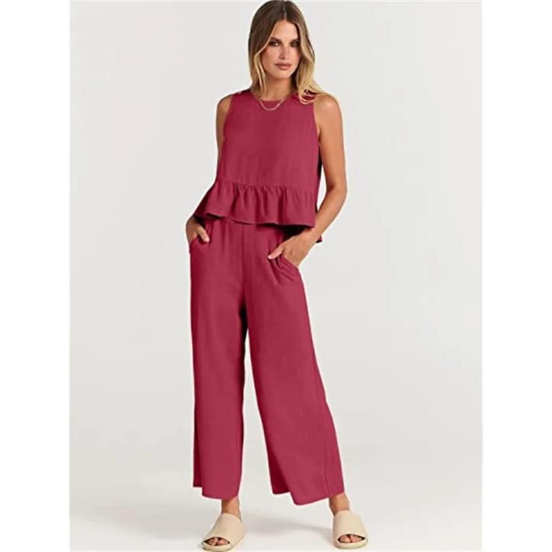 Summer Two Piece Set Women Casual Sleeveless Pleated Pants Sets Wide-leg Loose Clothes 2 Piece Sets O Neck Trouser Suits