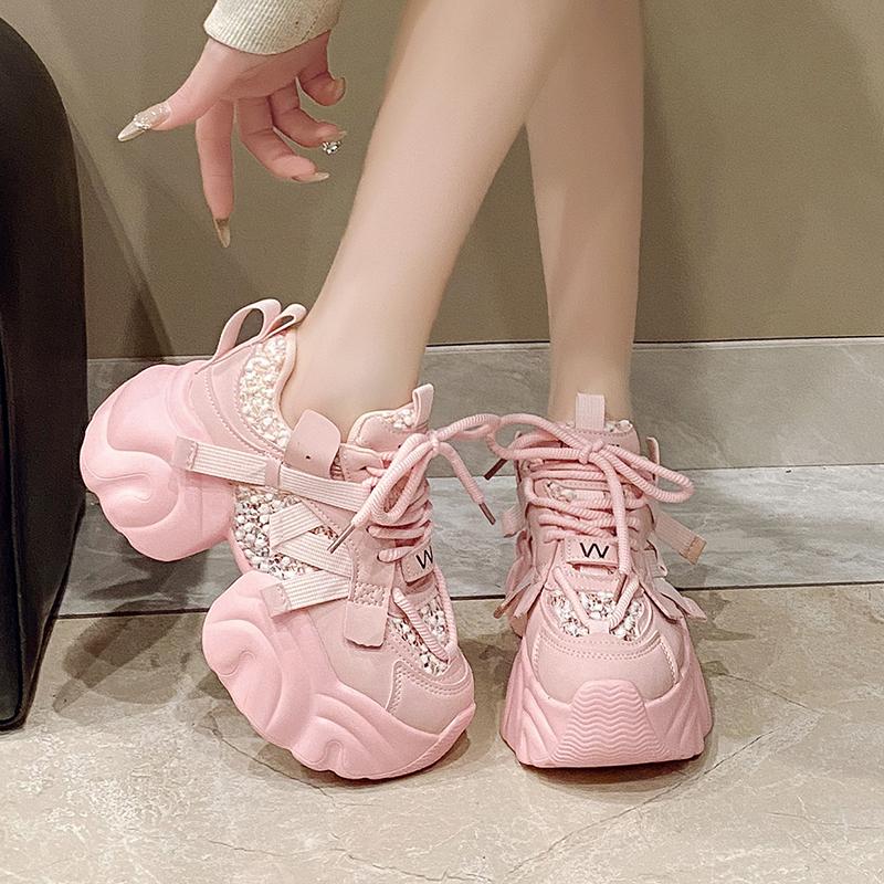 Fashion New Fashion Mesh Breathable Chunky Women's Sneakers Casual Lace Up 7CM Heightening Sports Shoes Comfortable Ladies Running Shoes