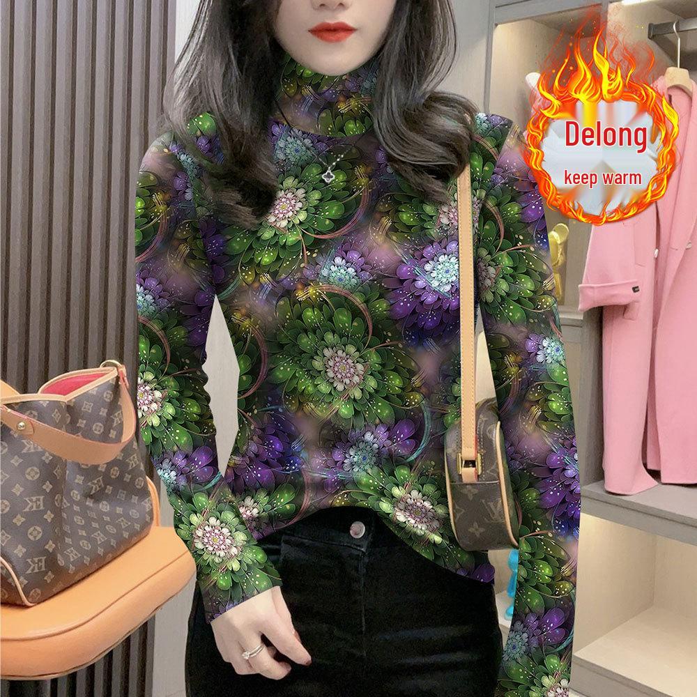 

Versatile High Neck Floral Ribbed Long Sleeve Thermal Shirt for Autumn and Winter 4XL (150-170 lbs)