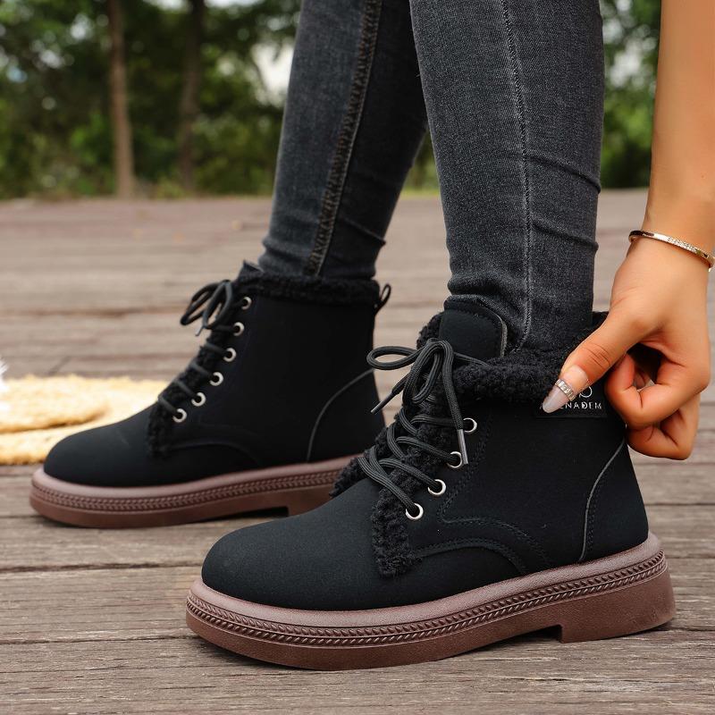 Women's Wide Width Front Lace-Up Martin Boots - Winter Warm Fleece Lined Ankle Boots, Fashion Casual Boots for Fall