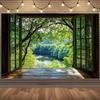 Green Landscape Window Background Fabric with River, Trees, and Natural Elements, Easy To Set Fabric, Outdoor Decoration
