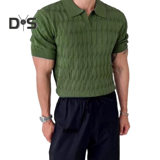 

Мужской летний топ с отложным воротником и V-образным вырезом, жаккардовая вязаная сплошная цветная рубашка с короткими рукавами, свободная эластичная формальная деловая рубашка средней длины, мужская повседневная рубашка XL зелёный
