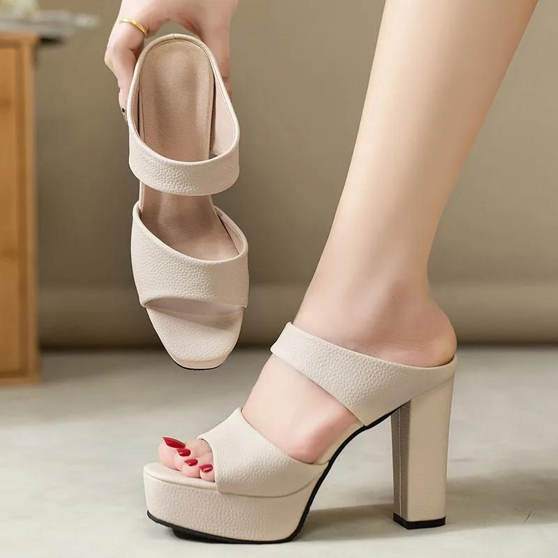 Fashion 2025Summer New Coarse Heel Sandals Women Round Head Open Toe Waterproof Platform Anti-slip Wear-resistant High-heeled Slippers