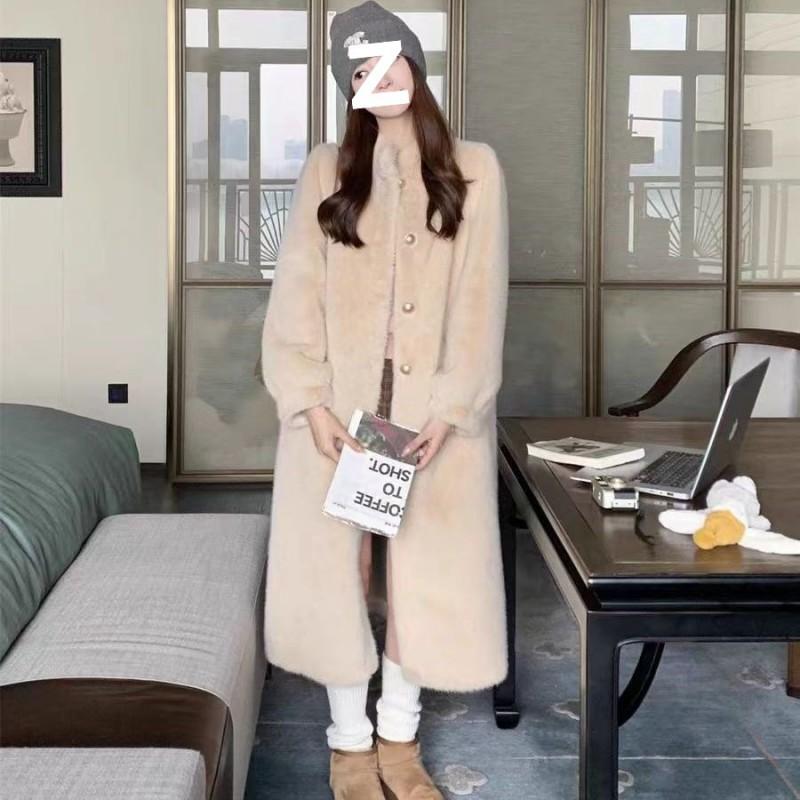 Womens Faux Fur Coat With Rabbit Hair Trim Oversized Loose Fit Mid-Length Winter Outerwear No Hood Lapel Collar