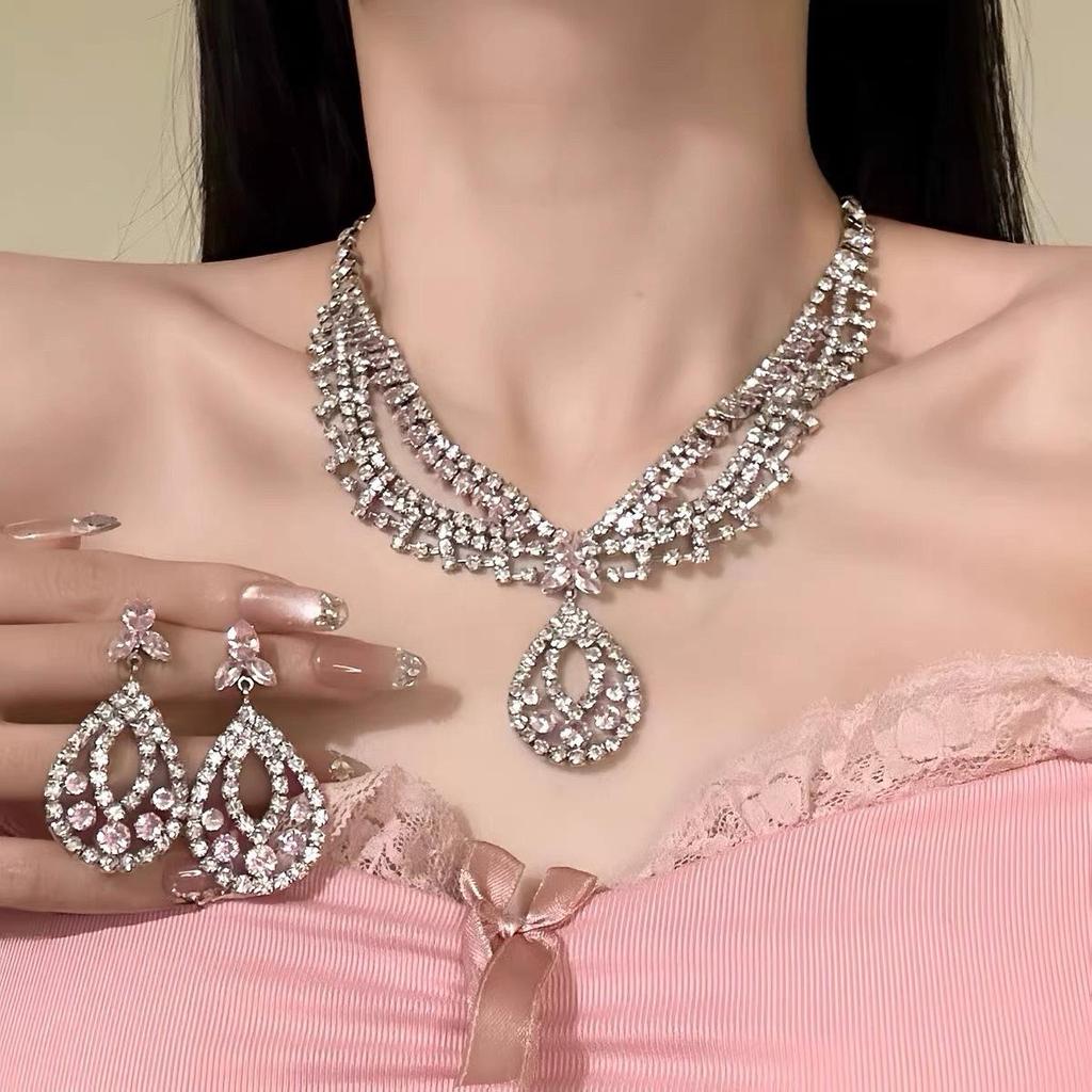 Elegant Waterdrop Diamond Tassel Necklace and Earrings Set for Women