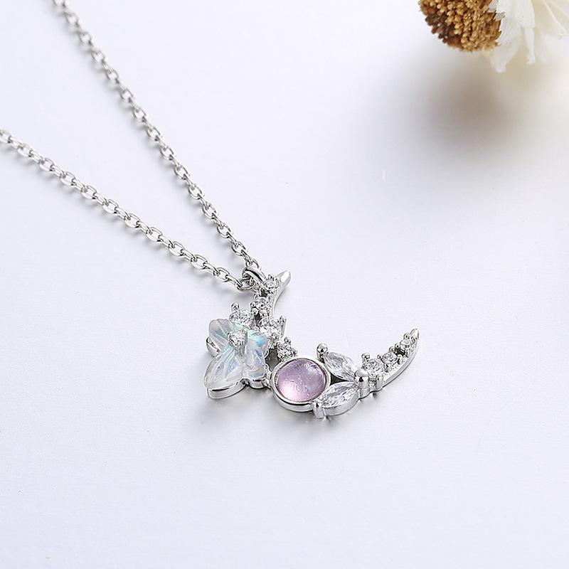 Dazzle Crystal Butterfly Dewdrop Moon Pingente Colar para Mulheres Exquisite S925 Prata Colares Menina Romântica Jóias