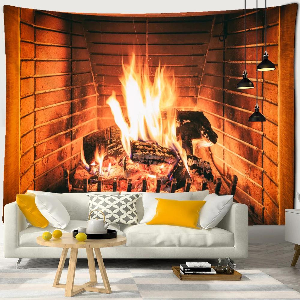 Neon Fireplace Tapestry Wall Hanging Christmas Tree Gift Socks New Year Atmosphere Background Cloth Witchcraft Home Decor
