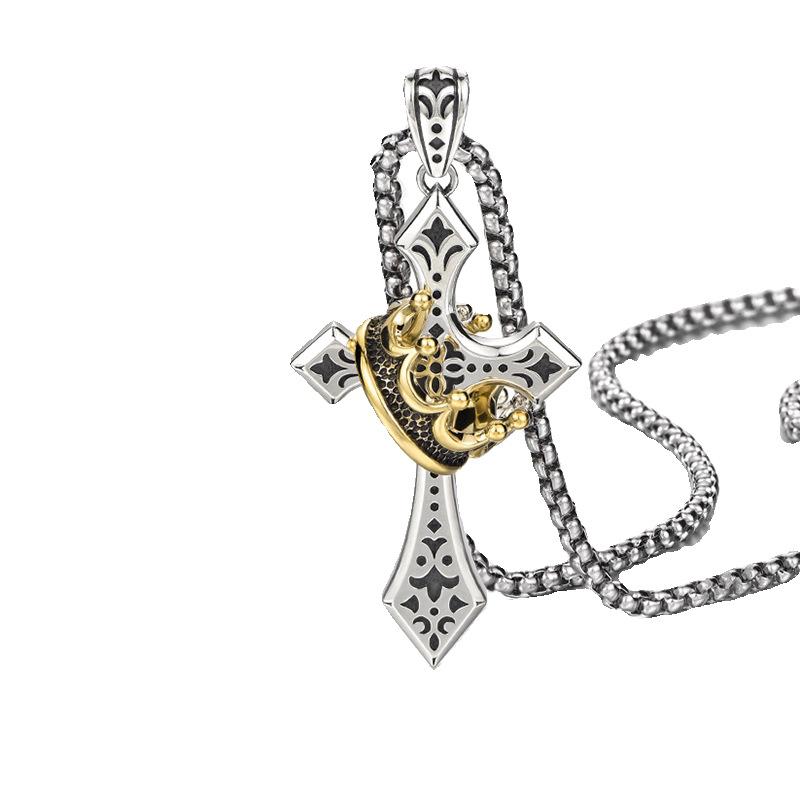2026 Cross Necklace Men s Trend Personality Retro Thai Silver Niche Boys Pendant 60CM