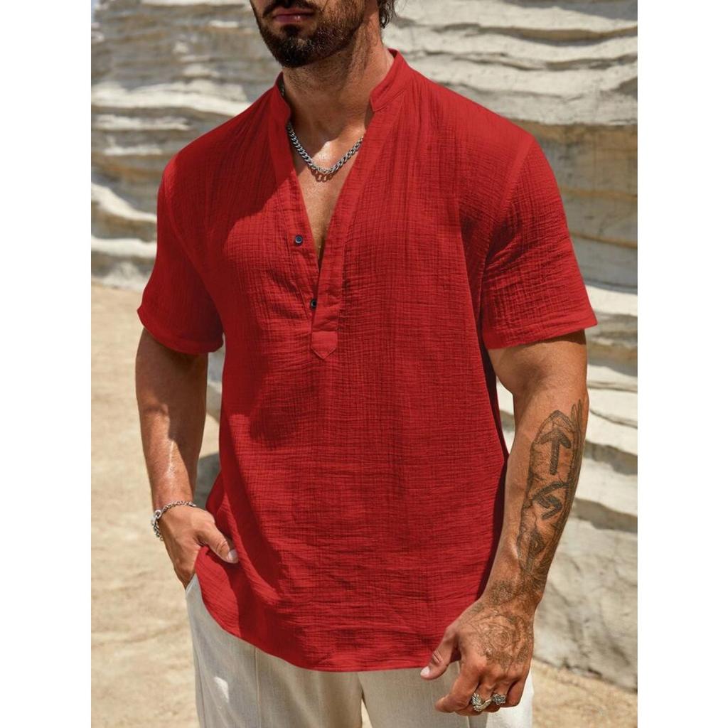 Ľanová pánska ležérna košeľa Henley Trendová a všestranná košeľa na plážovú dovolenku
