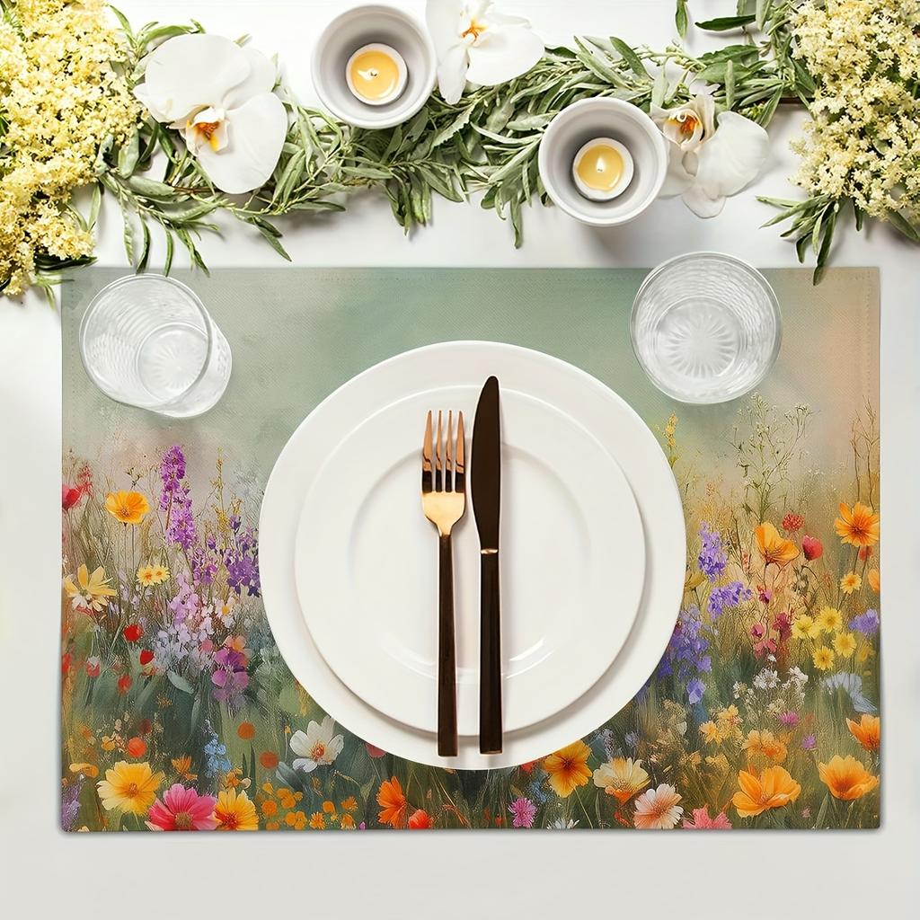 4pcs Floral Placemats Set of 4 Spring Summer Wild Flower Washable Non-Slip Heat Resistant Place Mats 12x18 Inch Vintage Rustic T