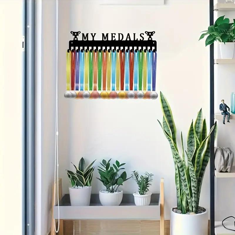 Metal Black Medal Display Rack Wall-Mounted Medal Hooks Holds 60 Medals For Running Football Baseball Awards Art Home Decor