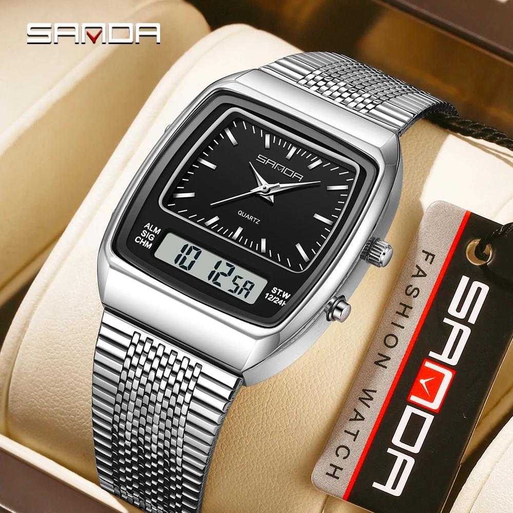 SANDA 3393 Business Electronic Men's Watch Fashion Multi Functional Dual Display Clock Night Light Waterproof Casual Men's Watch