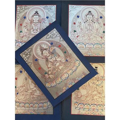 Nepálská ručně malovaná stříbrná thangka: Buddha, Jambhala, Zelená Tára, Maňdžušrí, Samantabhadra, Akasagarbha, Léčitel Buddha Nástěnné umění