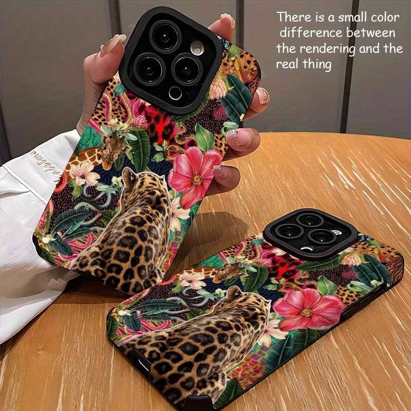 Leopard and tropical floral pattern phone case suitable for iPhone 17 16 15 14 13 12 11 Pro/Max/Plus anti drop and shockproof